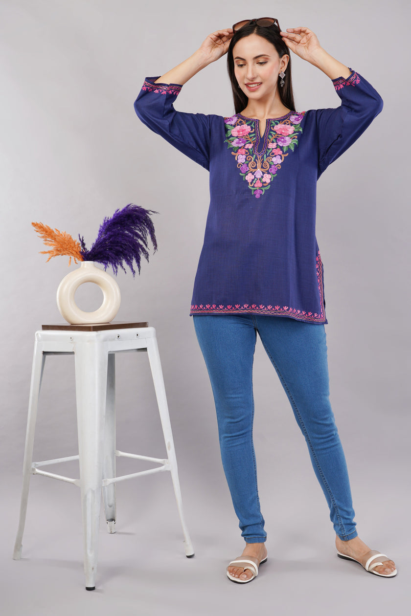 Midnight Bloom Kashmiri Kurti with Multicolour Aari Embroidery