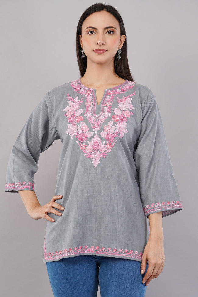 Blush Aari on Steel Grey Kashmiri Kurti