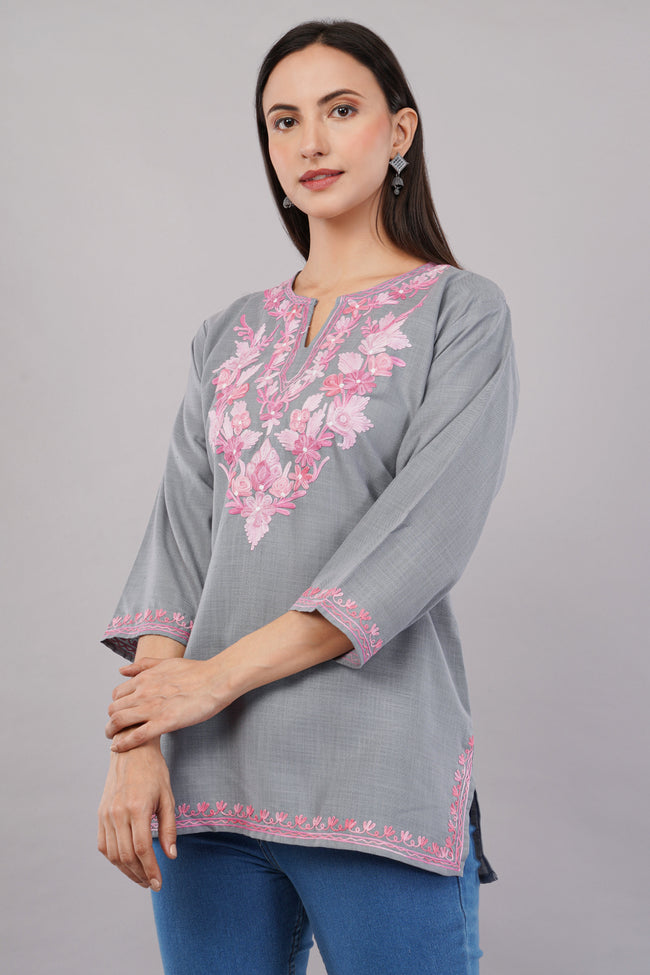 Blush Aari on Steel Grey Kashmiri Kurti