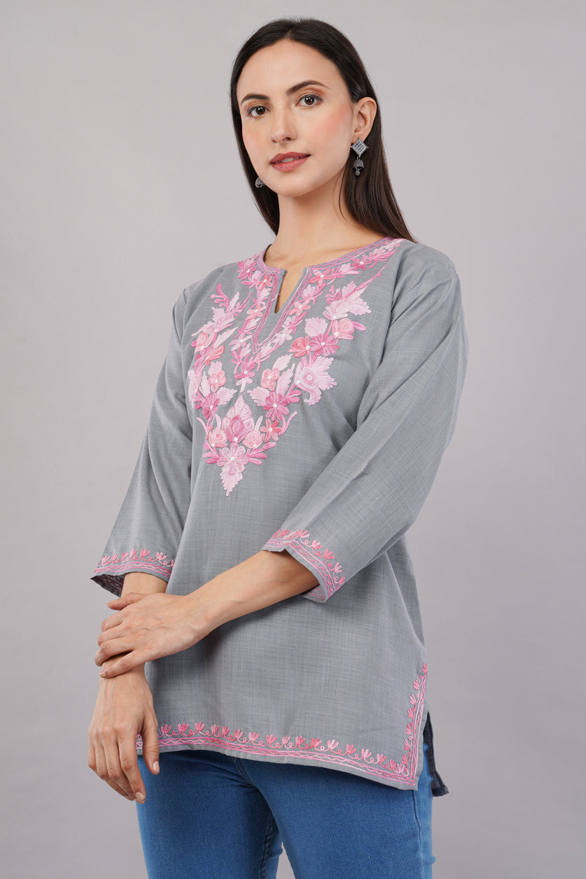 Blush Aari on Steel Grey Kashmiri Kurti