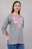 Blush Aari on Steel Grey Kashmiri Kurti