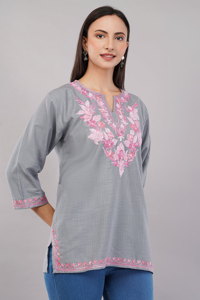 Blush Aari on Steel Grey Kashmiri Kurti