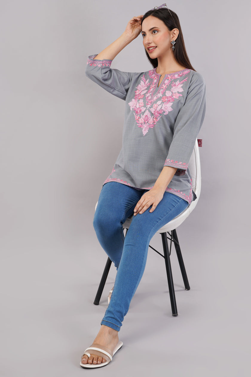 Blush Aari on Steel Grey Kashmiri Kurti