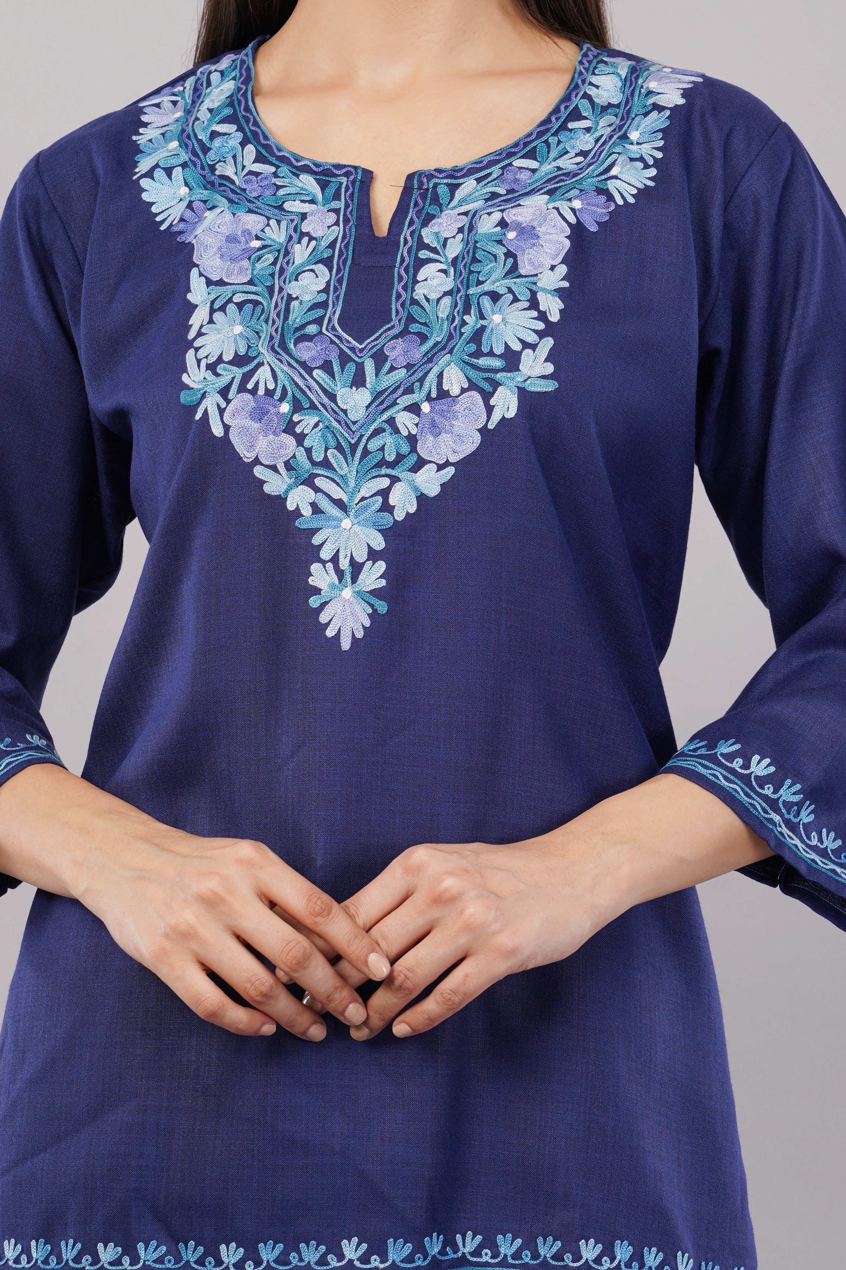 Sapphire Charm Kashmiri Kurti with Sky Blue Aari