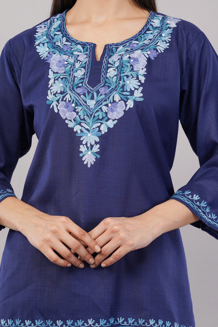 Sapphire Charm Kashmiri Kurti with Sky Blue Aari