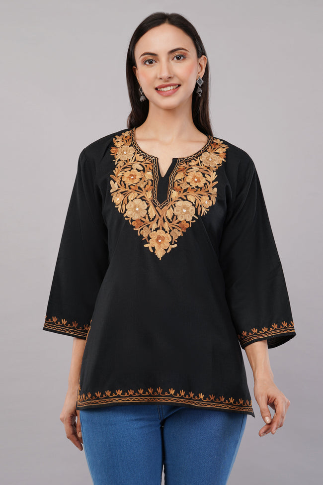 Charcoal Glint Kashmiri Kurti with Burnished Aari