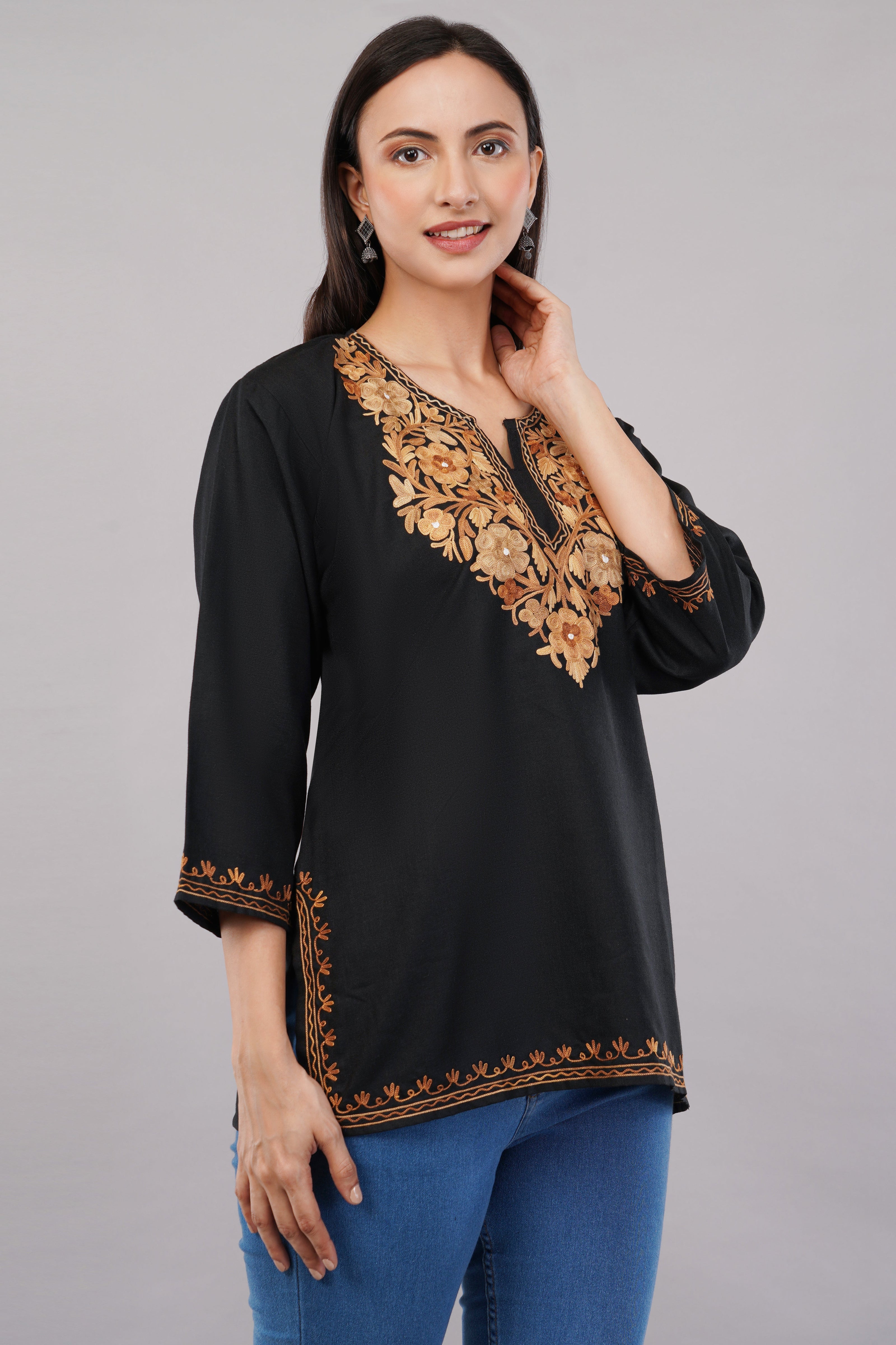 Charcoal Glint Kashmiri Kurti with Burnished Aari