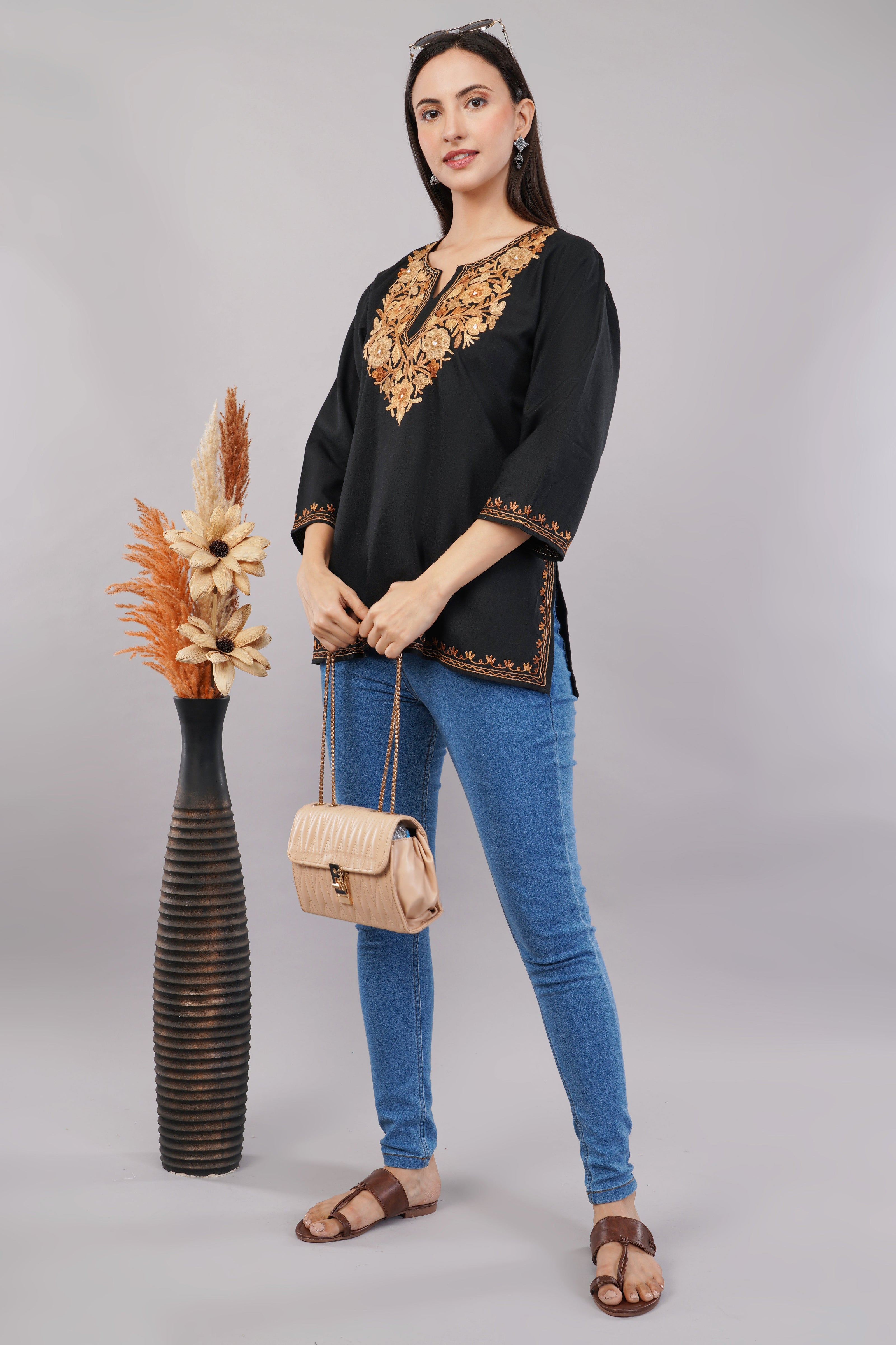 Charcoal Glint Kashmiri Kurti with Burnished Aari