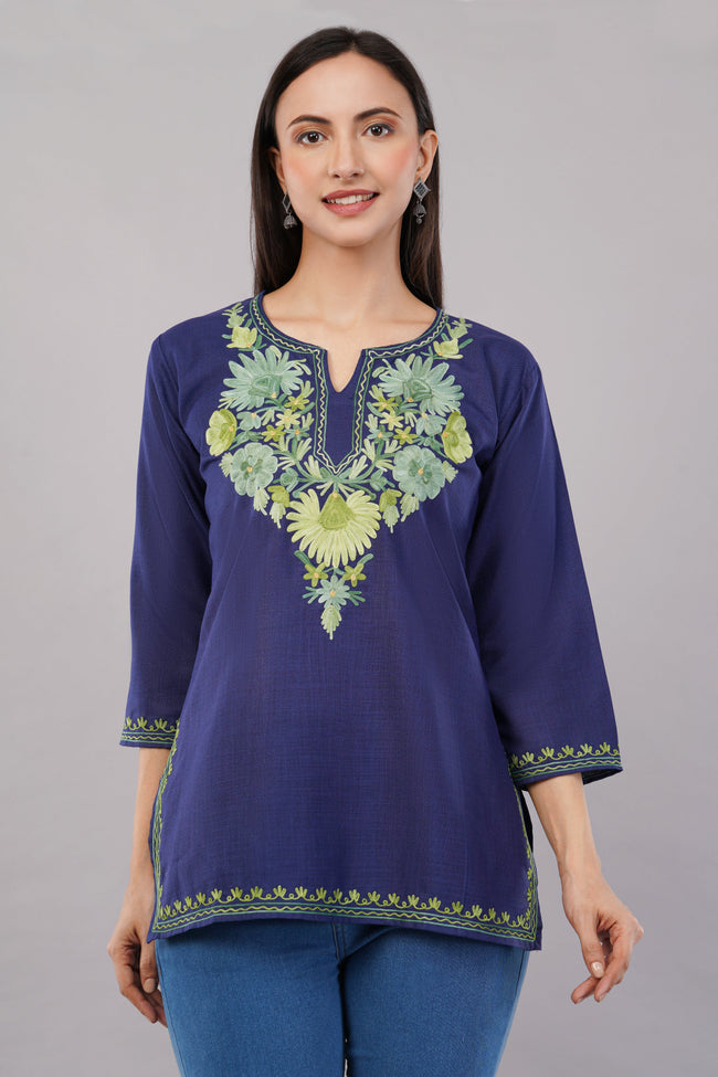 Azure Bloom Navy Kashmiri Kurti with Green Aari