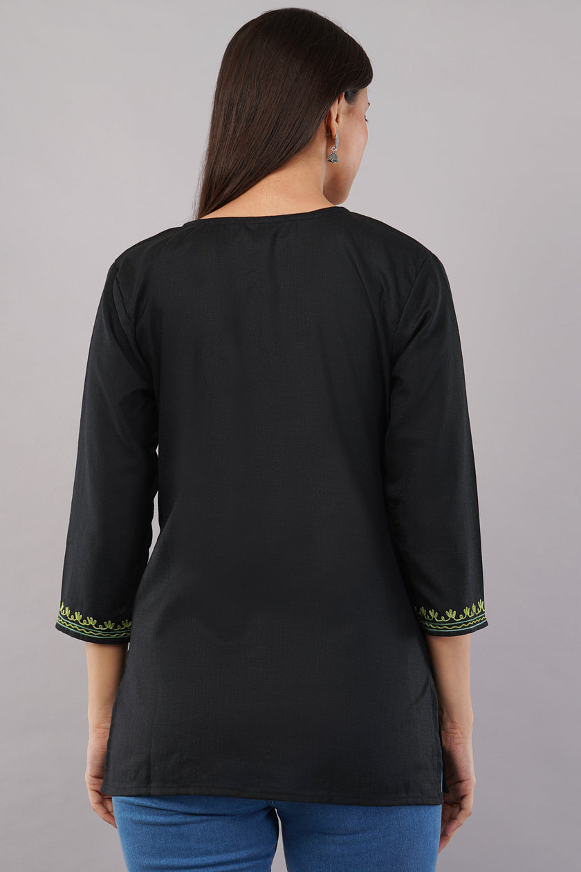 Emerald Vine Black Kashmiri Kurti with Green Aari