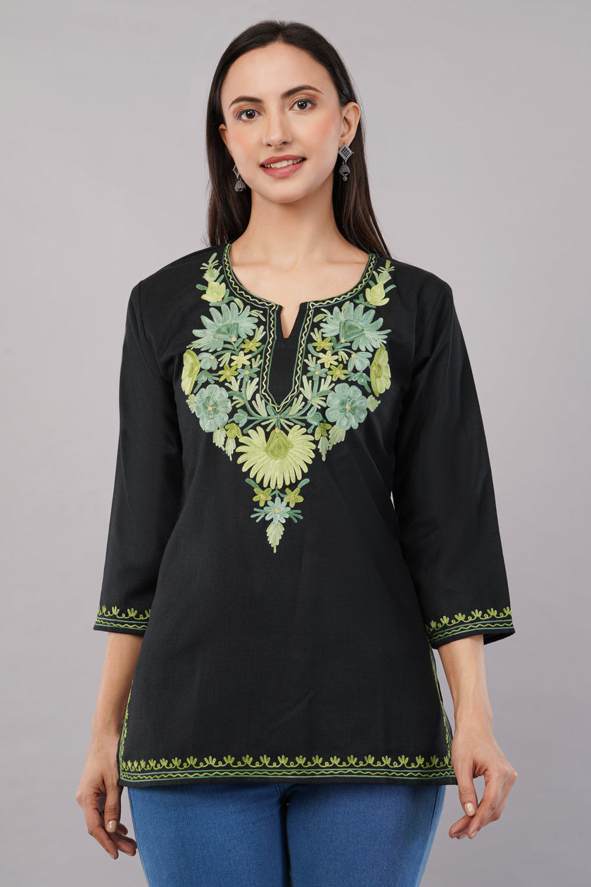 Emerald Vine Black Kashmiri Kurti with Green Aari