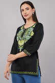 Emerald Vine Black Kashmiri Kurti with Green Aari