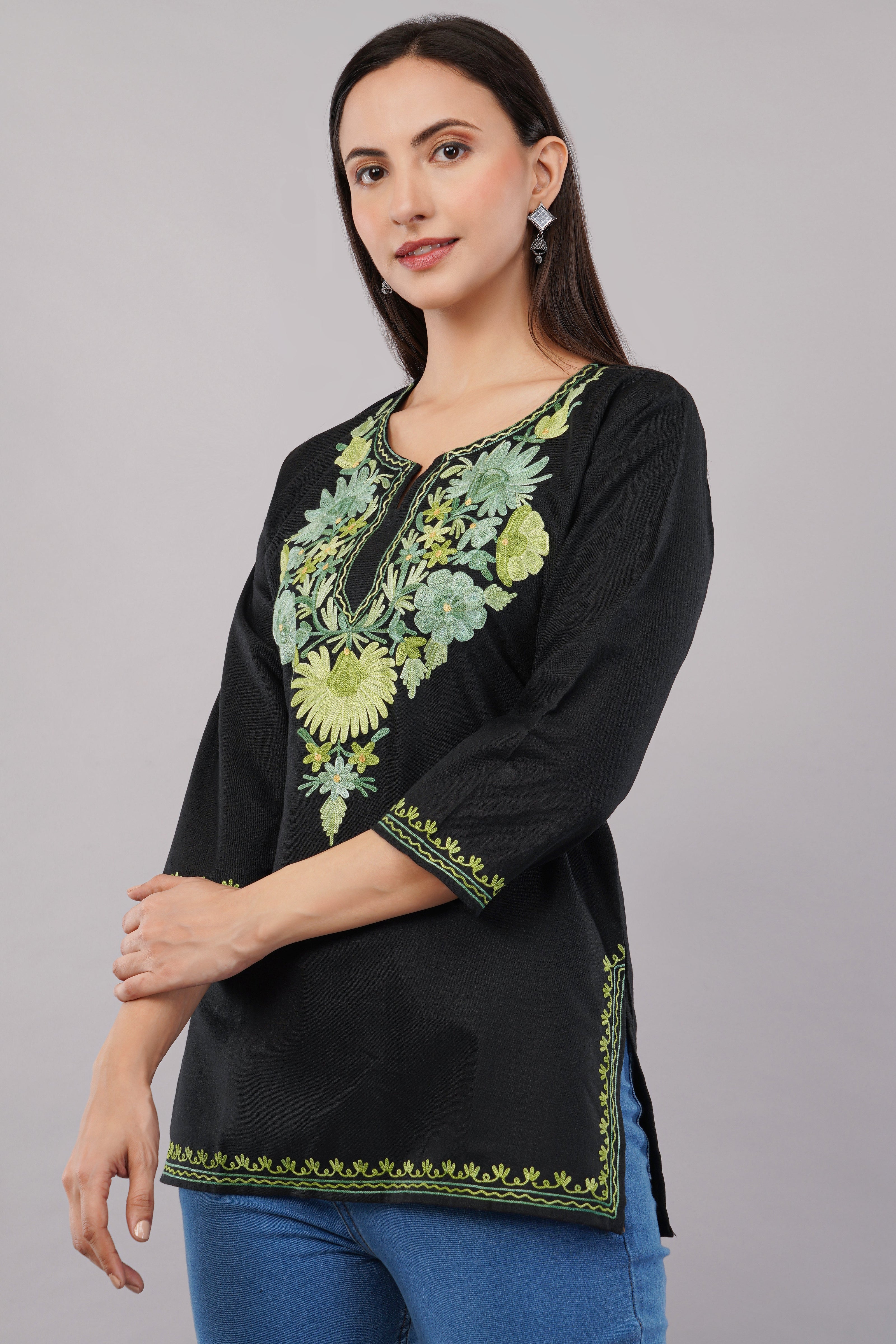 Emerald Vine Black Kashmiri Kurti with Green Aari