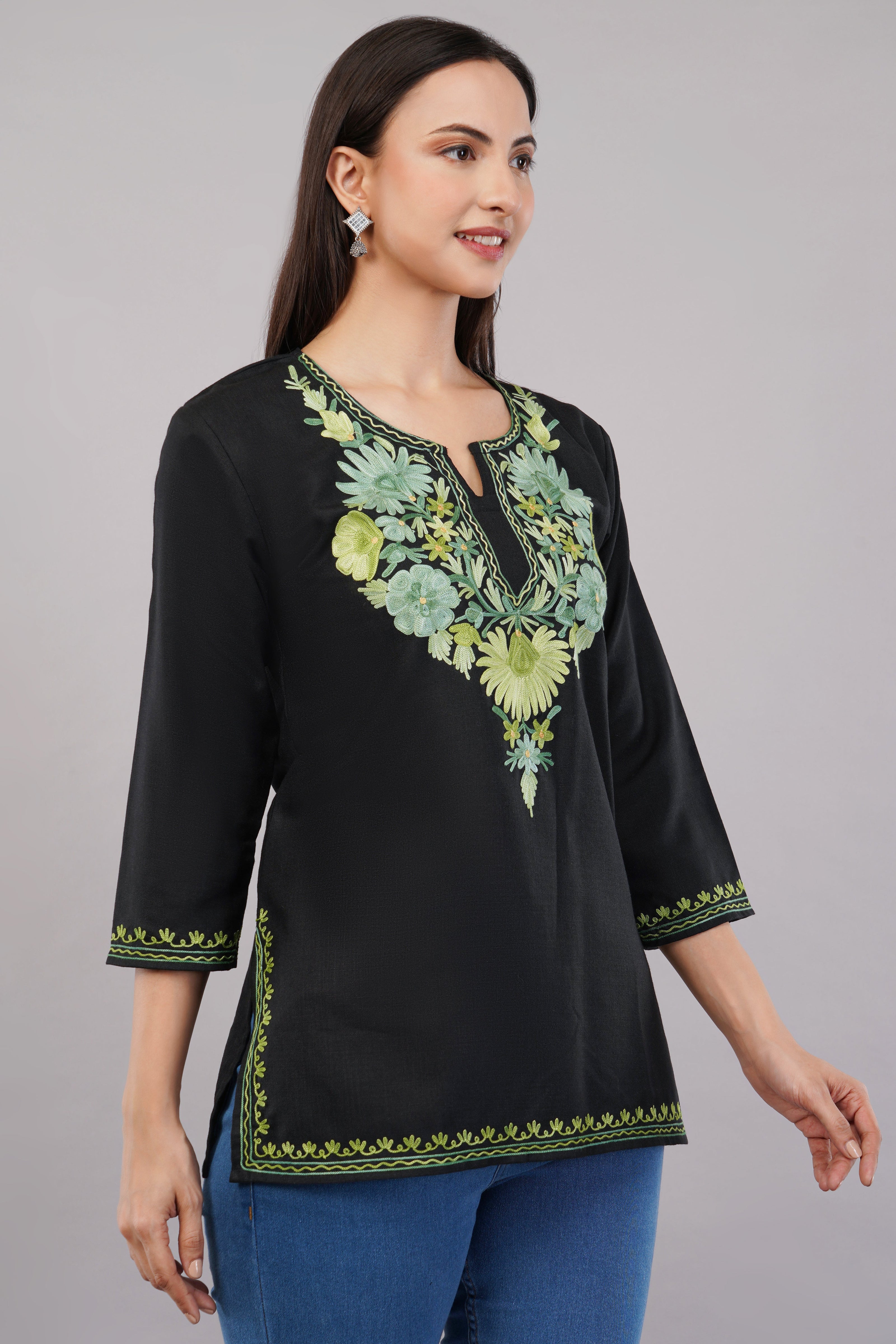 Emerald Vine Black Kashmiri Kurti with Green Aari