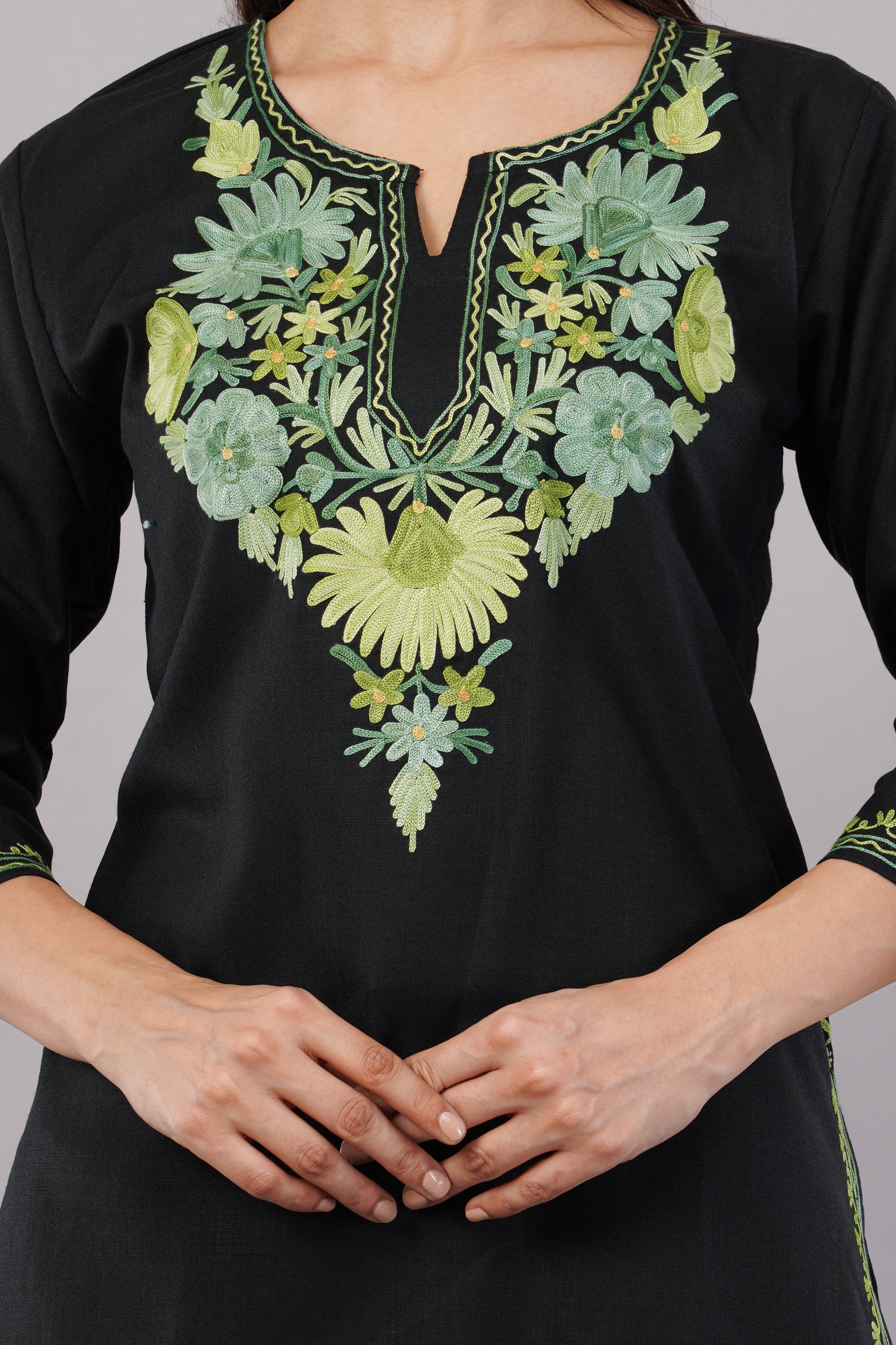 Emerald Vine Black Kashmiri Kurti with Green Aari