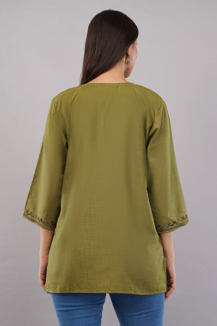 Olive Tranquil Kashmiri Kurti with Earth-Toned Aari Embroidery