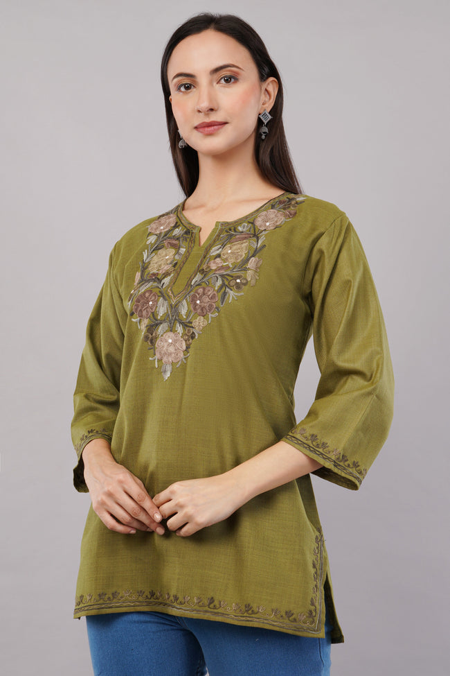 Olive Tranquil Kashmiri Kurti with Earth-Toned Aari Embroidery
