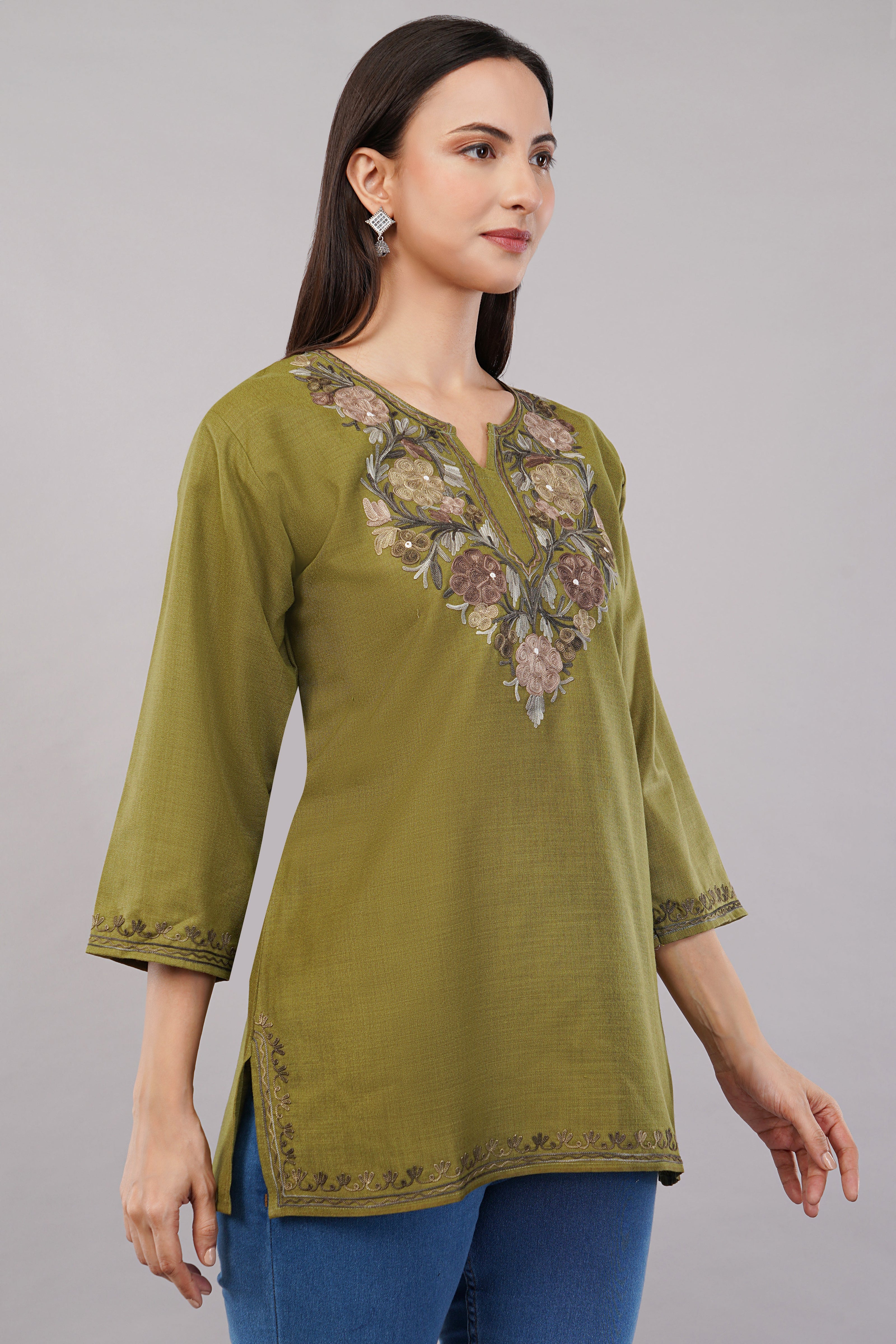Olive Tranquil Kashmiri Kurti with Earth-Toned Aari Embroidery