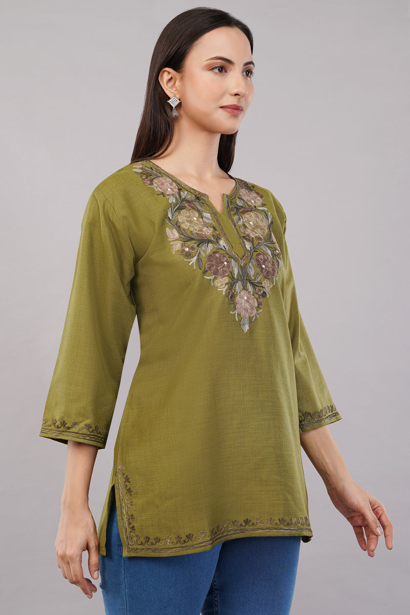 Olive Tranquil Kashmiri Kurti with Earth-Toned Aari Embroidery