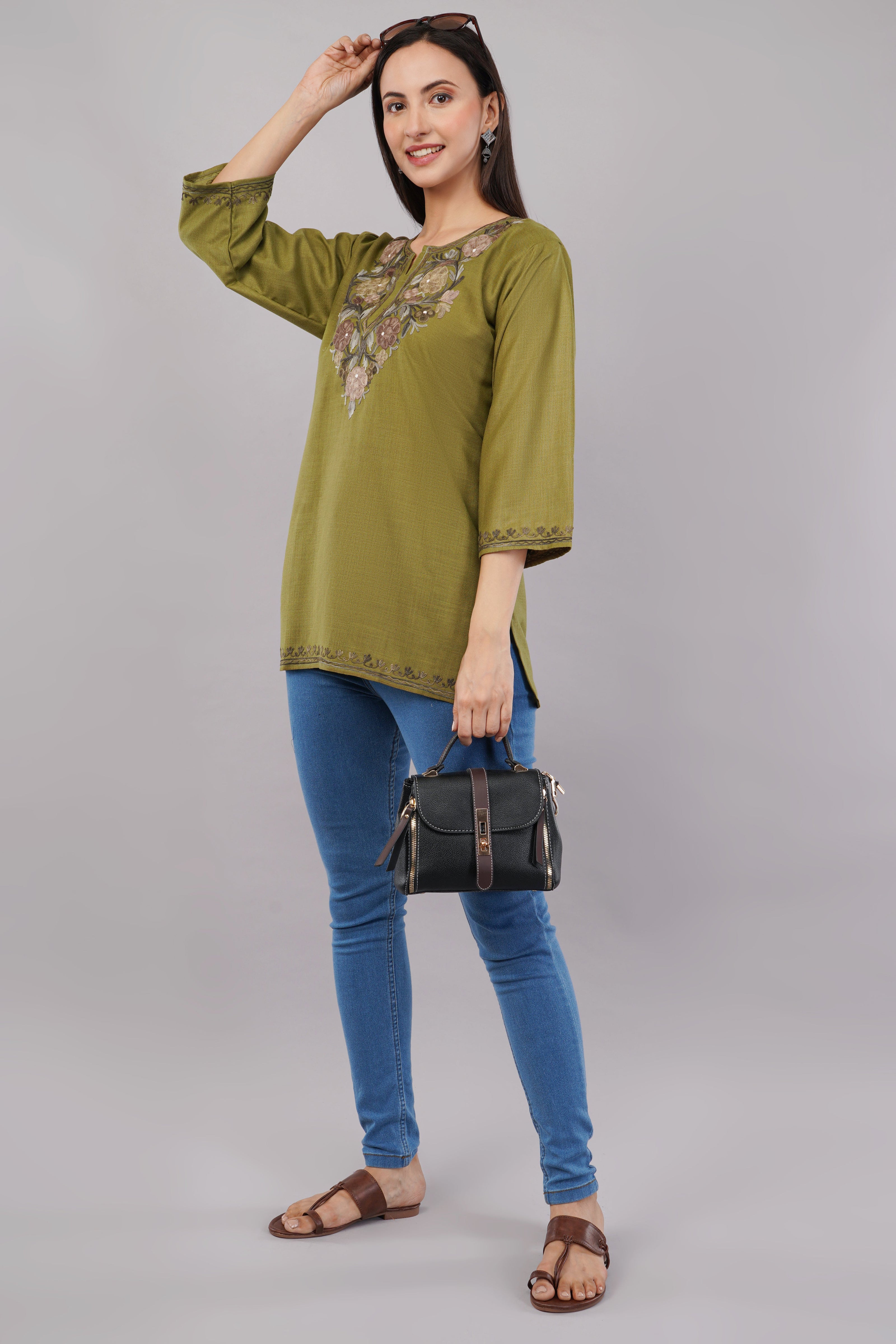 Olive Tranquil Kashmiri Kurti with Earth-Toned Aari Embroidery