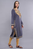 Grey Aari Embroidered Fine Cashmilon Pheran - Kashmiri Pheran