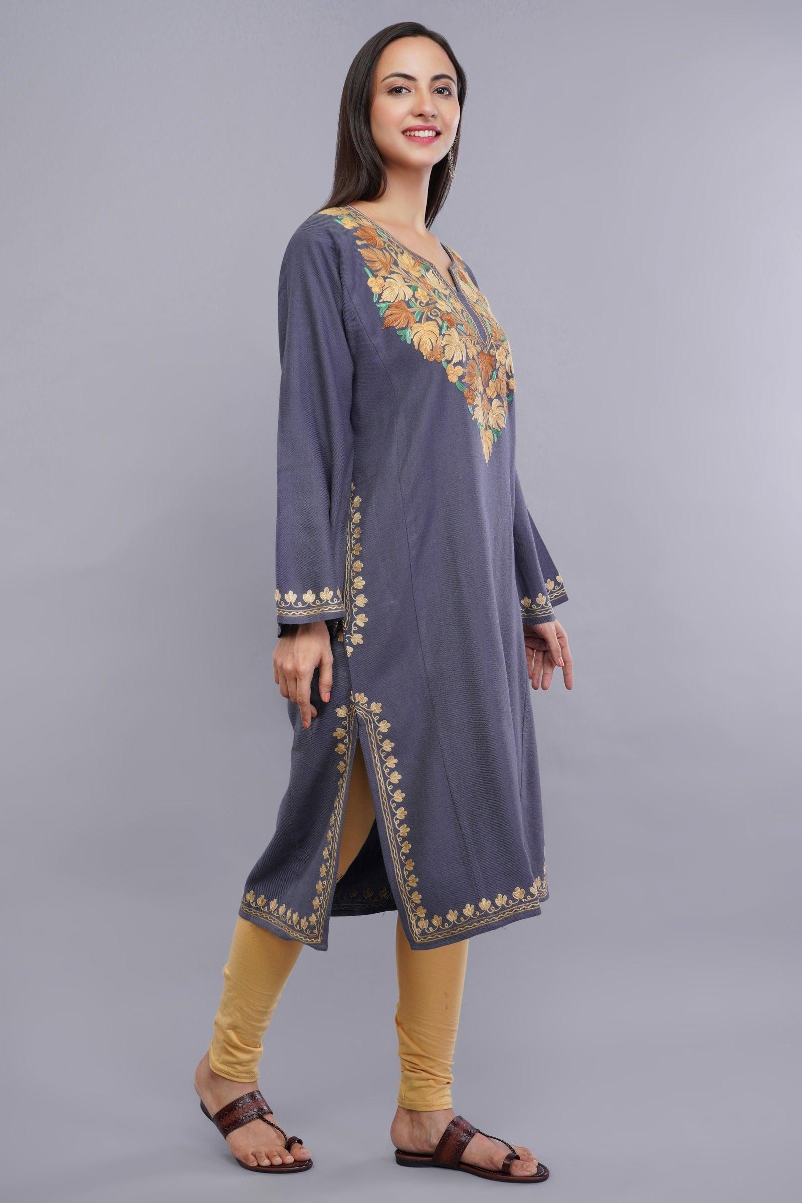 Grey Aari Embroidered Fine Cashmilon Pheran - Kashmiri Pheran
