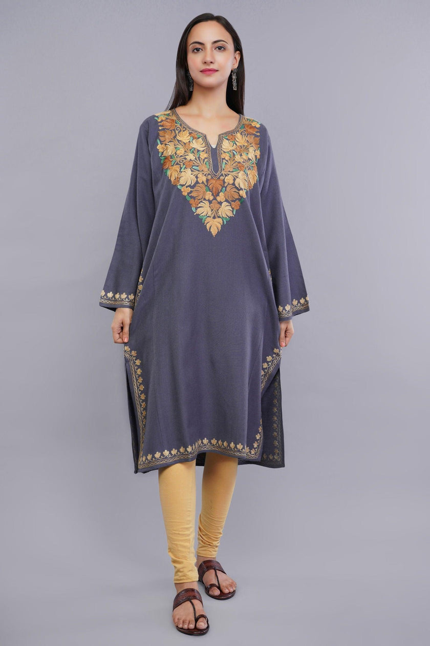 Grey Aari Embroidered Fine Cashmilon Pheran - Kashmiri Pheran