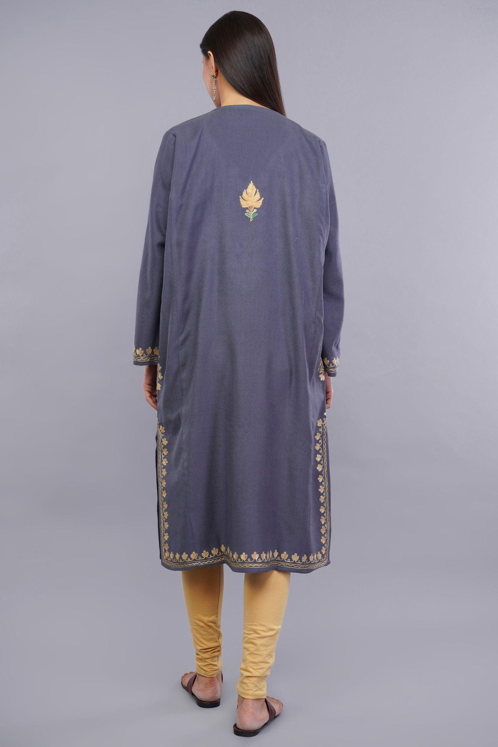 Grey Aari Embroidered Fine Cashmilon Pheran - Kashmiri Pheran