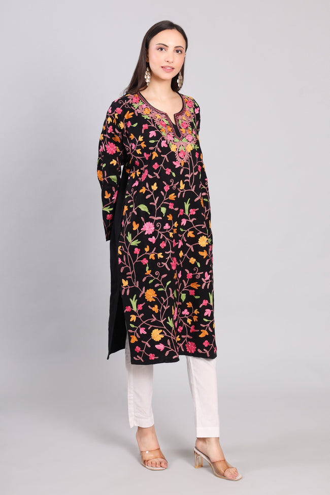 Midnight Black Kashmiri Pheran with Jaal Aari Embroidery