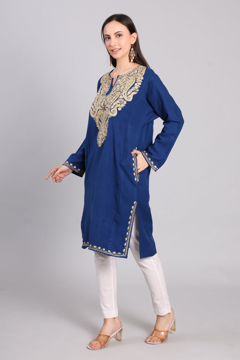 Regal Azure Kashmiri Pheran with Zari Paisley Embroidery