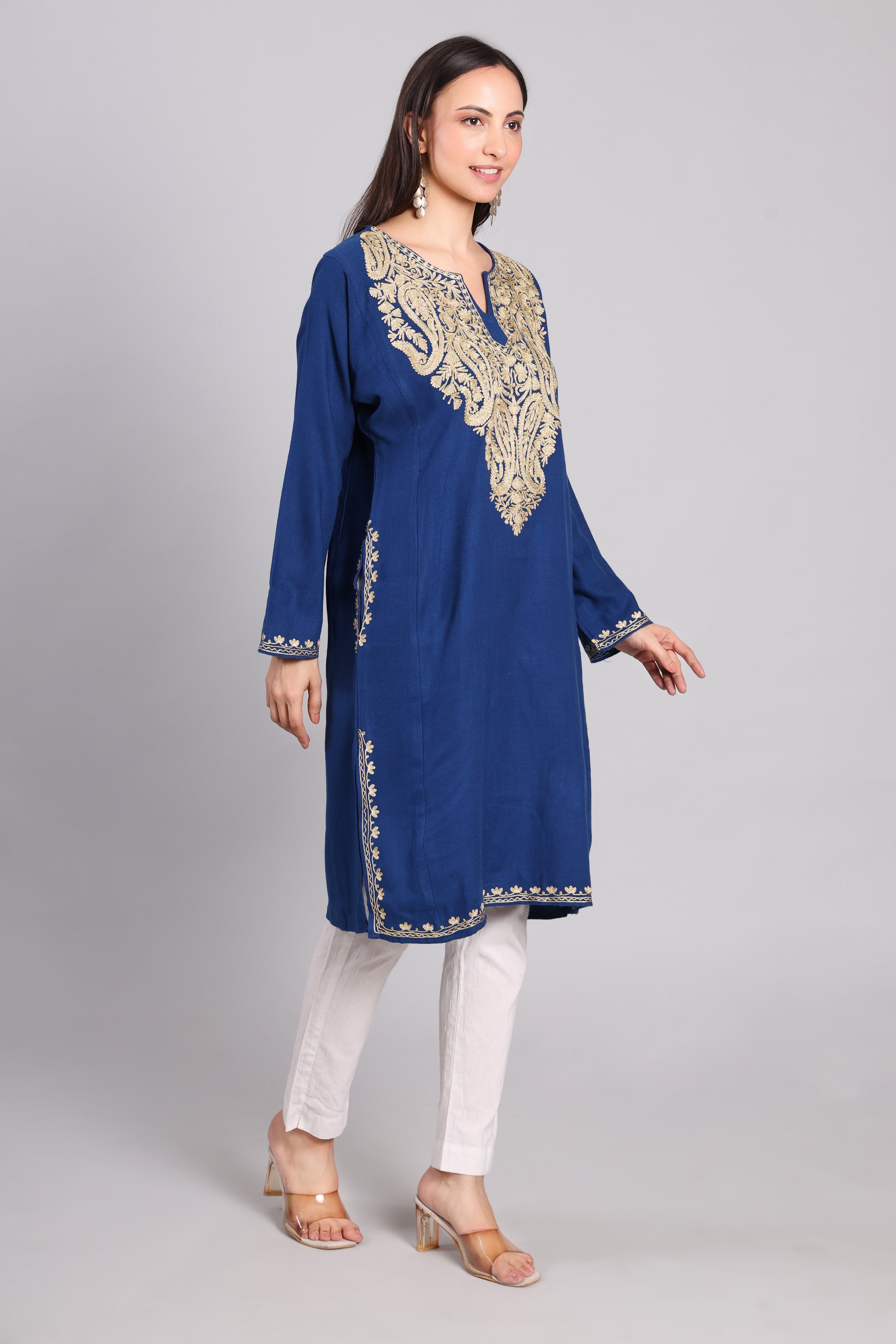 Regal Azure Kashmiri Pheran with Zari Paisley Embroidery