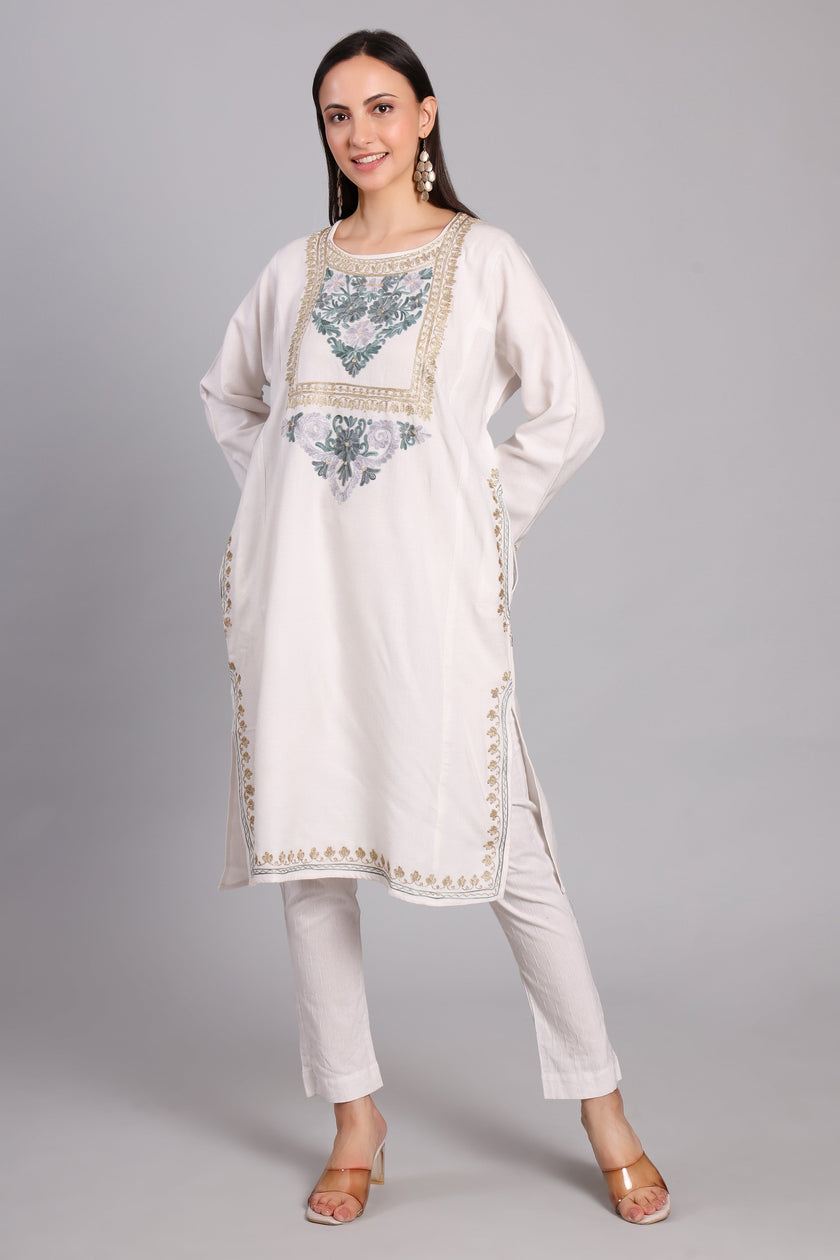 Celestial White Kashmiri Pheran with Aari and Zari Embroidery