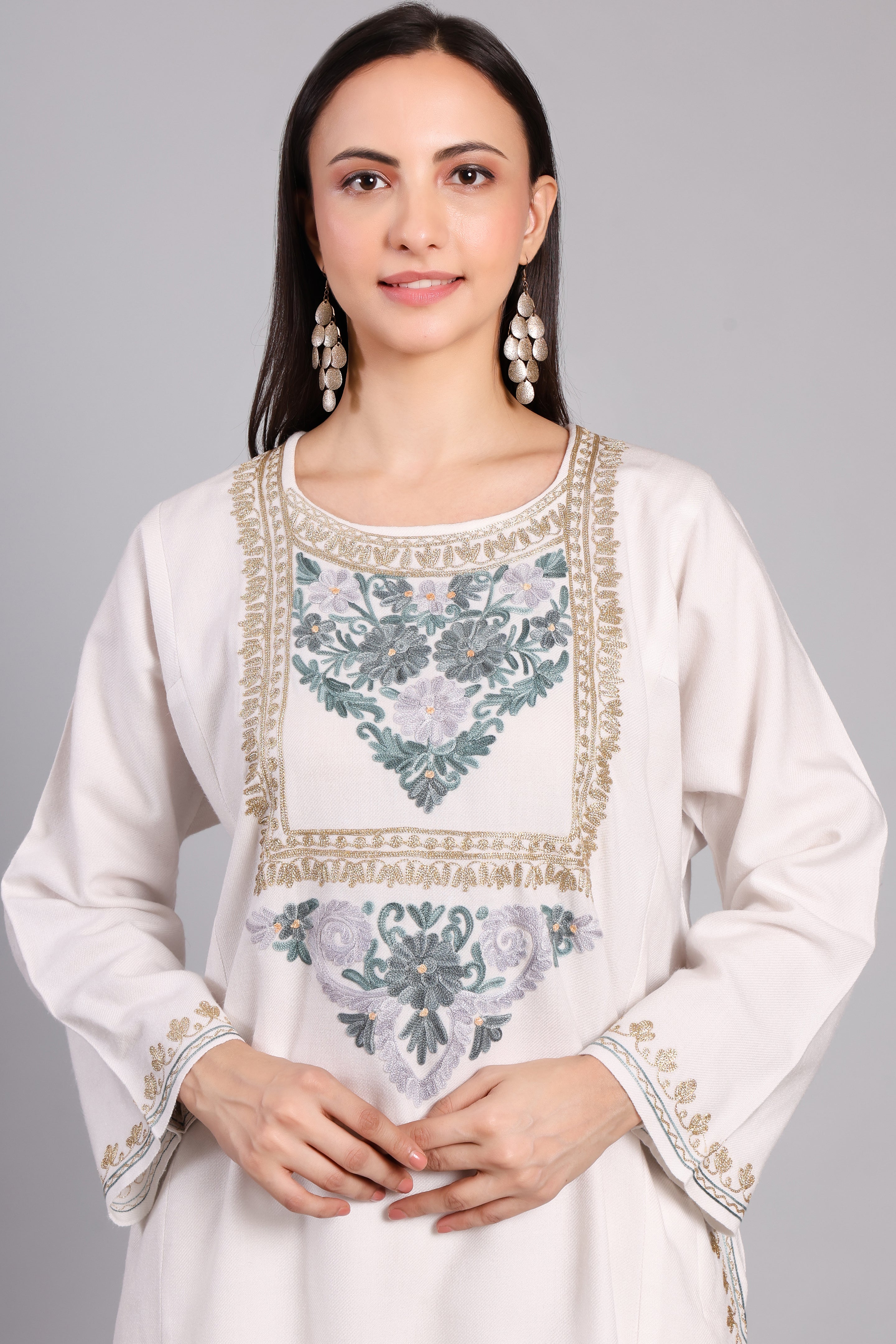 Celestial White Kashmiri Pheran with Aari and Zari Embroidery
