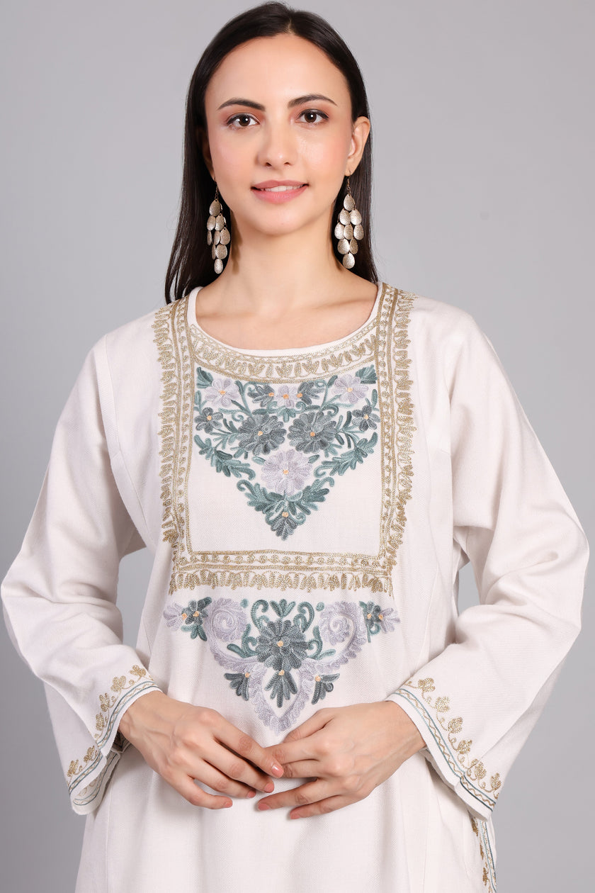 Celestial White Kashmiri Pheran with Aari and Zari Embroidery