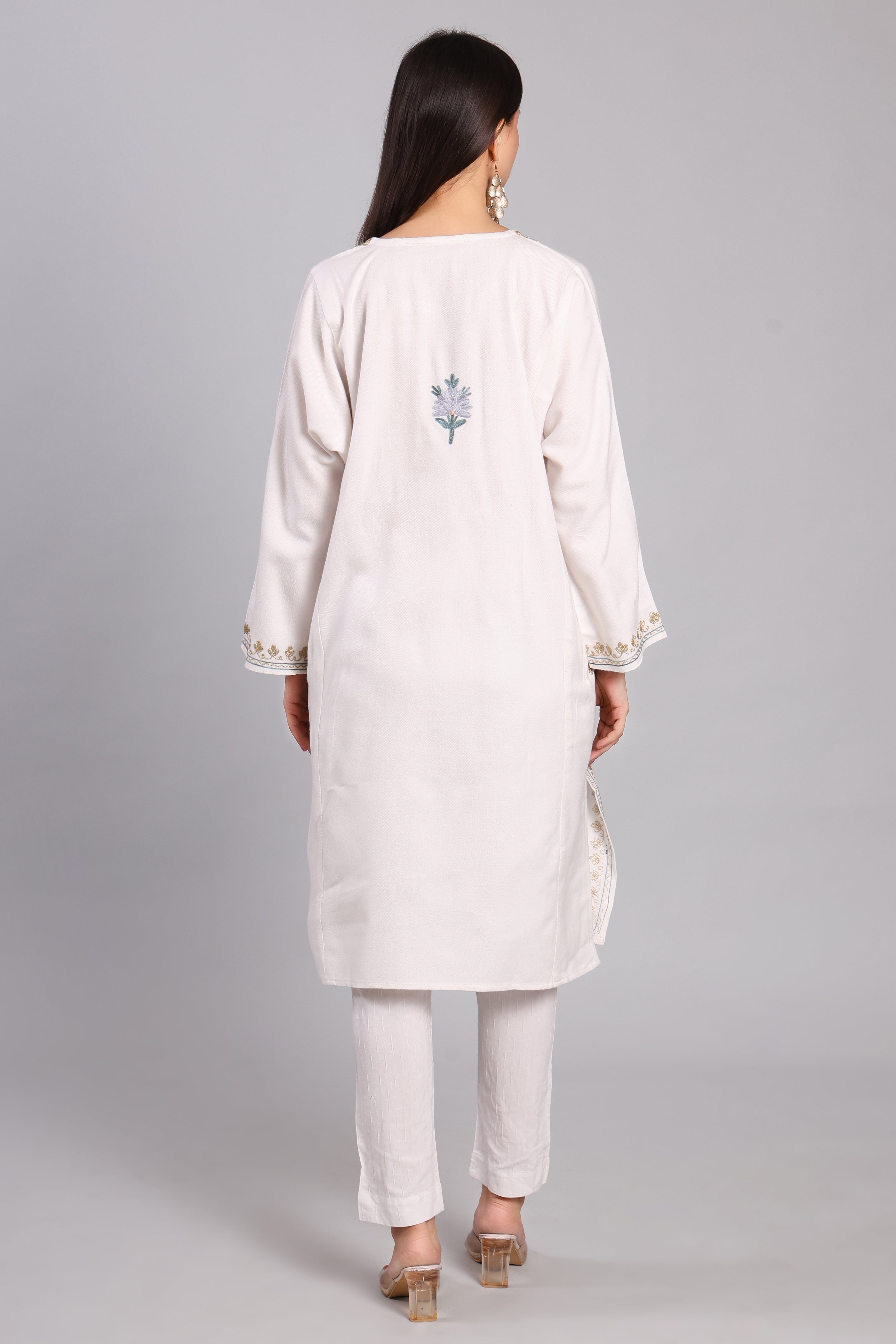 Celestial White Kashmiri Pheran with Aari and Zari Embroidery