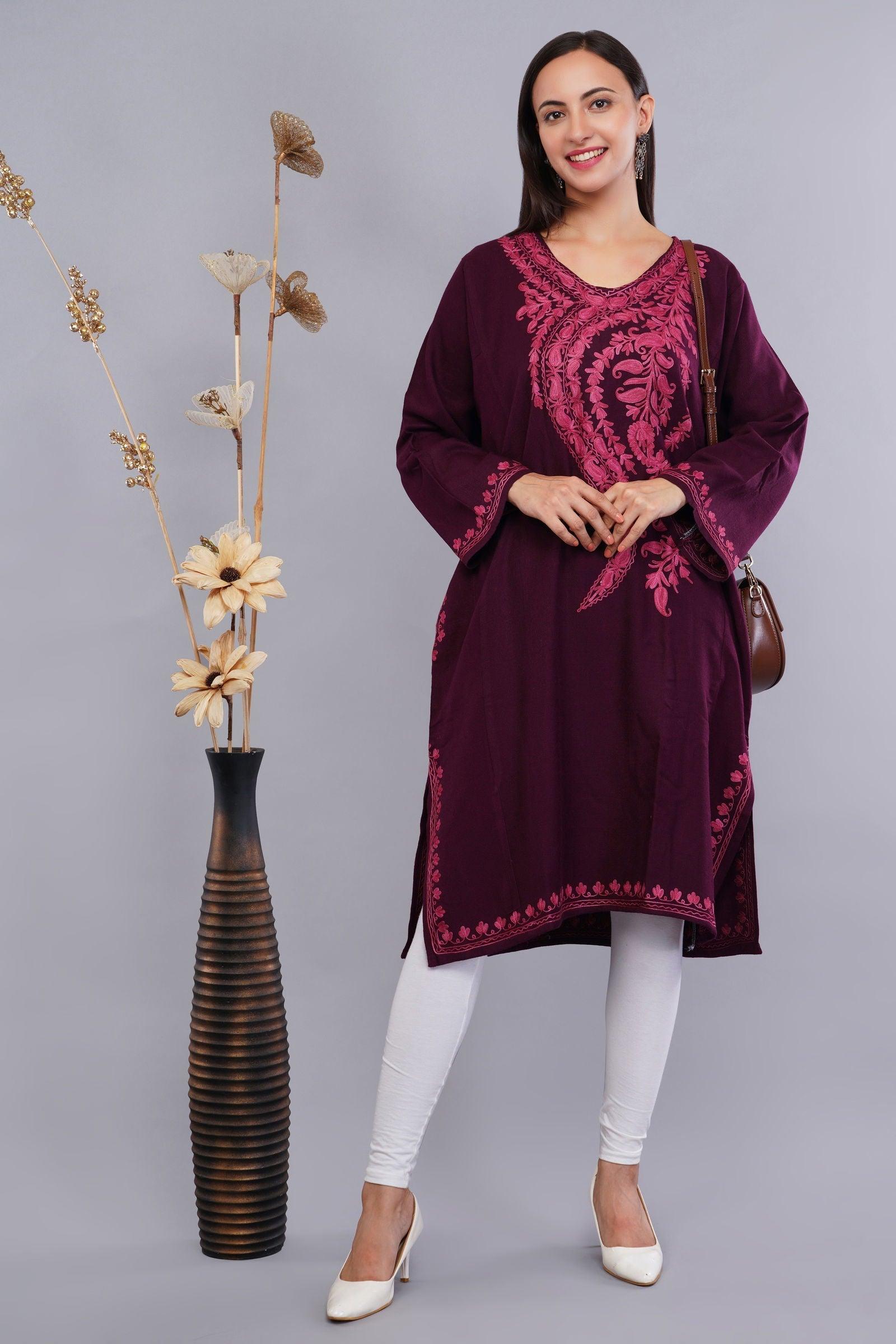 Magenta Red Kashmiri Pheran with Pink Paisley Aari Embroidery - Kashmiri Pheran