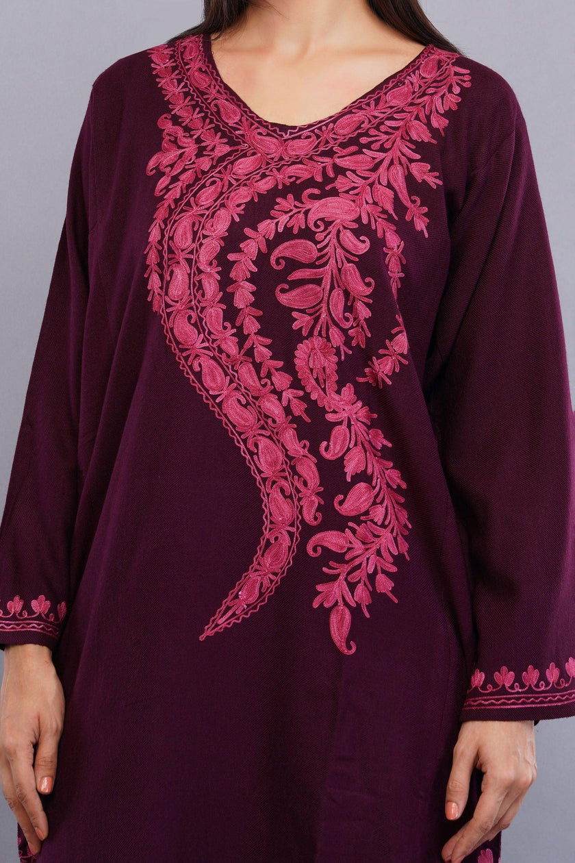 Magenta Red Kashmiri Pheran with Pink Paisley Aari Embroidery - Kashmiri Pheran