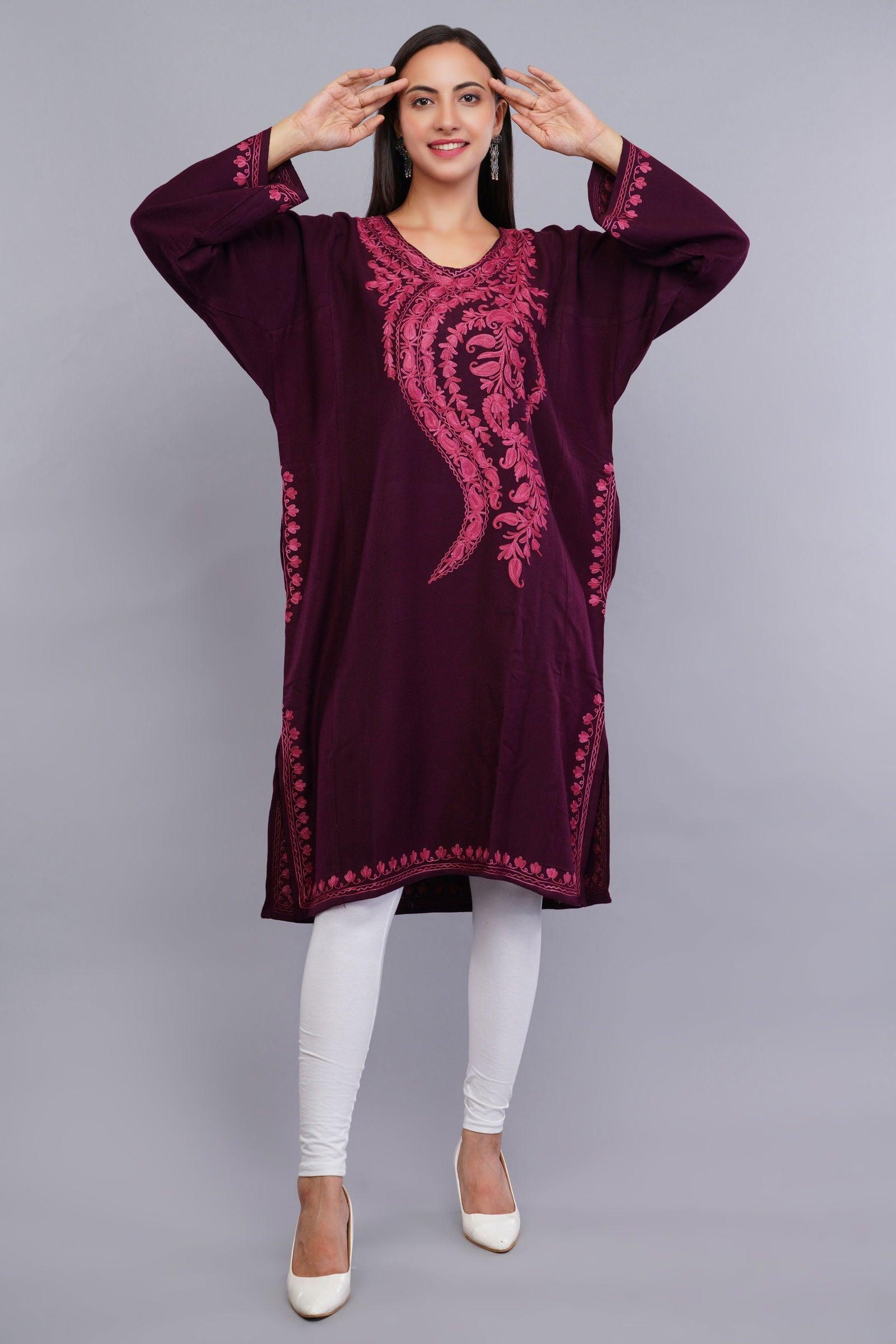 Magenta Red Kashmiri Pheran with Pink Paisley Aari Embroidery - Kashmiri Pheran