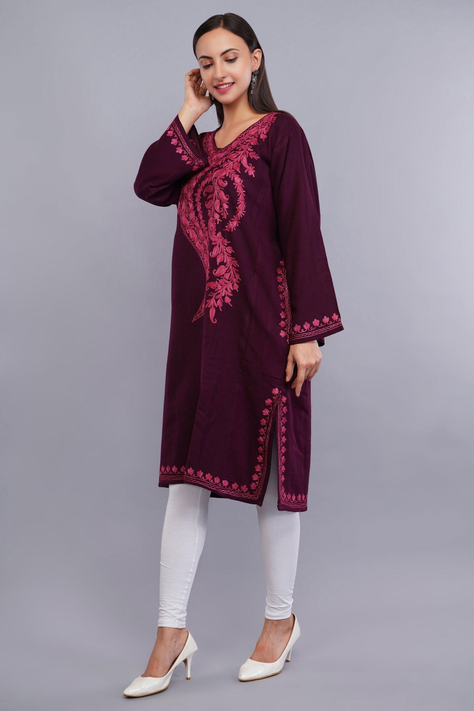 Magenta Red Kashmiri Pheran with Pink Paisley Aari Embroidery - Kashmiri Pheran