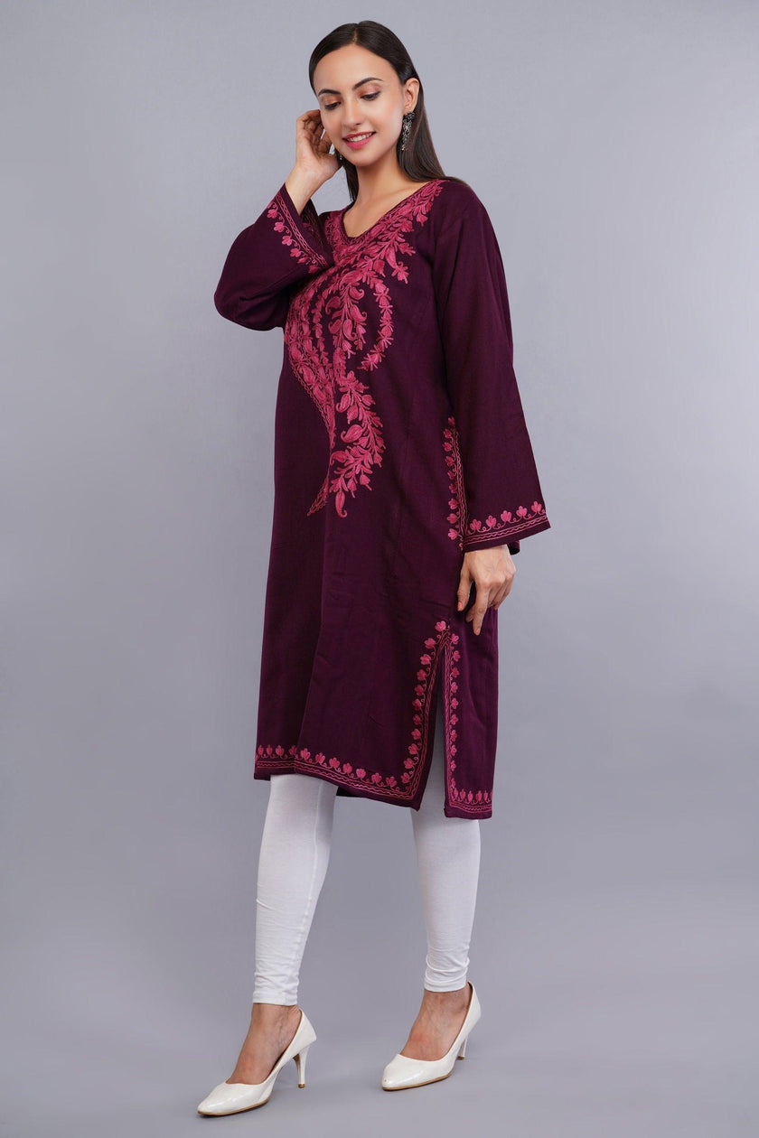 Magenta Red Kashmiri Pheran with Pink Paisley Aari Embroidery - Kashmiri Pheran