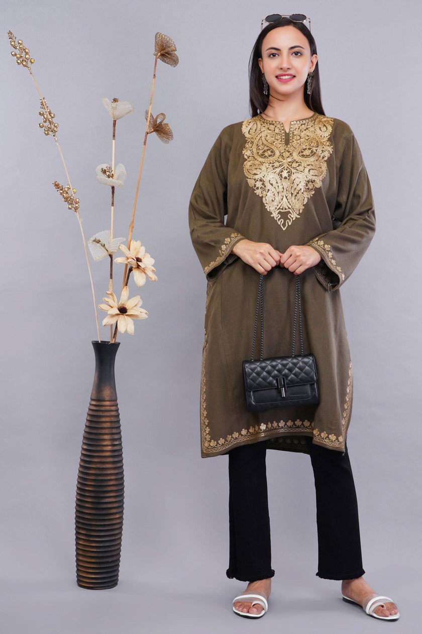 Otter Brown Pheran with Golden Kashmiri Zari Paisley Embroidery - Kashmiri Pheran