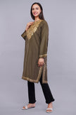 Otter Brown Pheran with Golden Kashmiri Zari Paisley Embroidery - Kashmiri Pheran