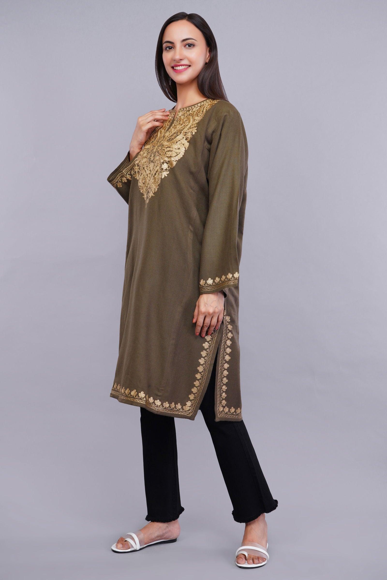 Otter Brown Pheran with Golden Kashmiri Zari Paisley Embroidery - Kashmiri Pheran