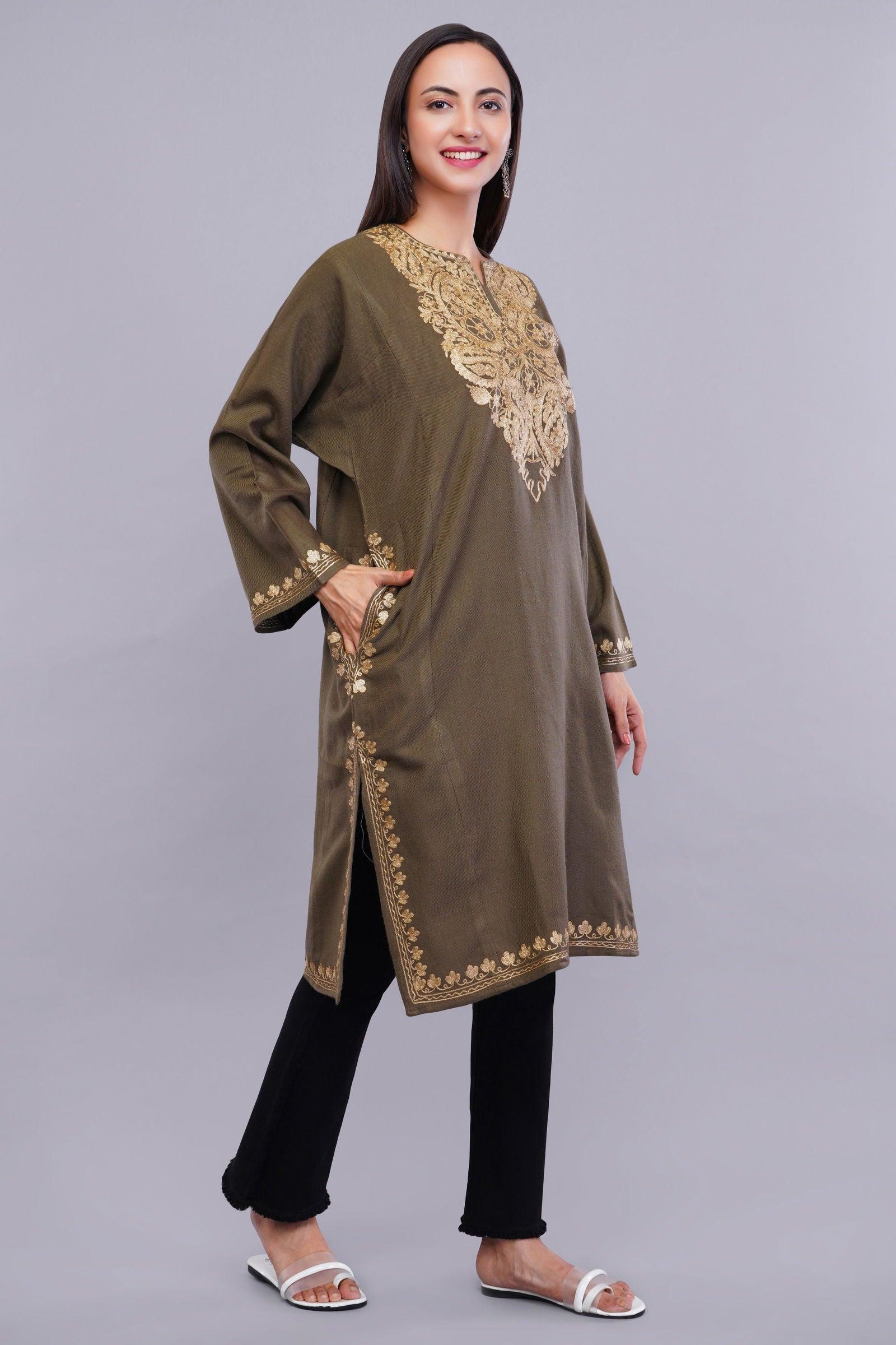 Otter Brown Pheran with Golden Kashmiri Zari Paisley Embroidery - Kashmiri Pheran