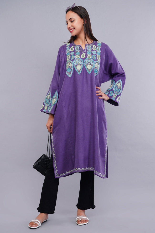 Purple Pheran with Pastel Blue Aari Paisleys & Floral Vines Embroidery - Kashmiri Pheran
