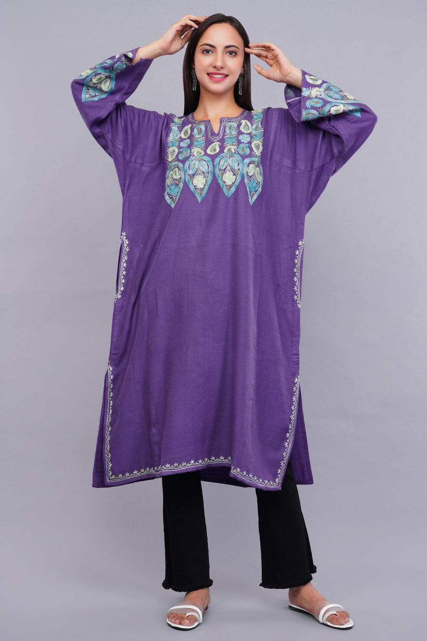 Purple Pheran with Pastel Blue Aari Paisleys & Floral Vines Embroidery - Kashmiri Pheran