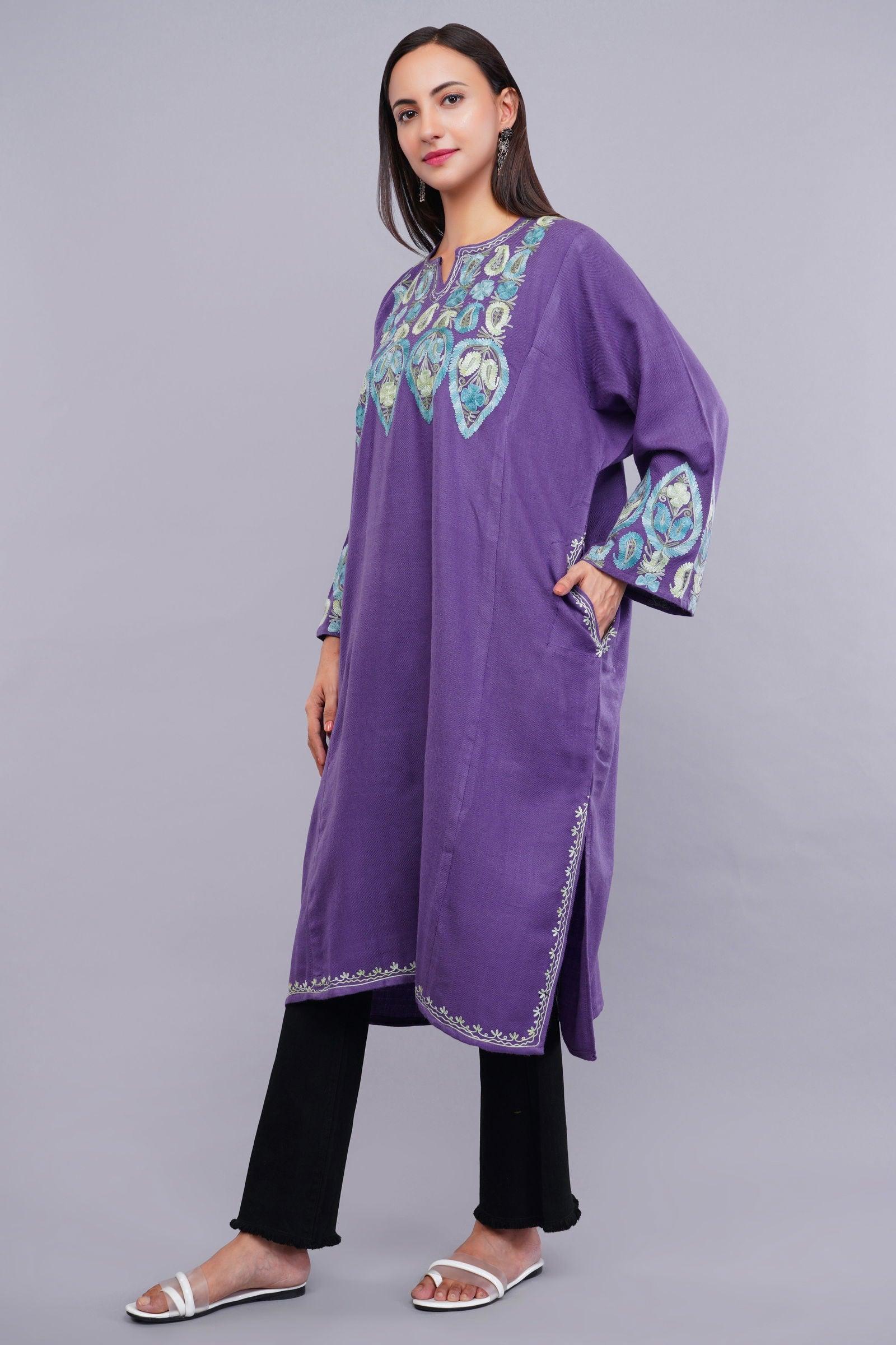 Purple Pheran with Pastel Blue Aari Paisleys & Floral Vines Embroidery - Kashmiri Pheran